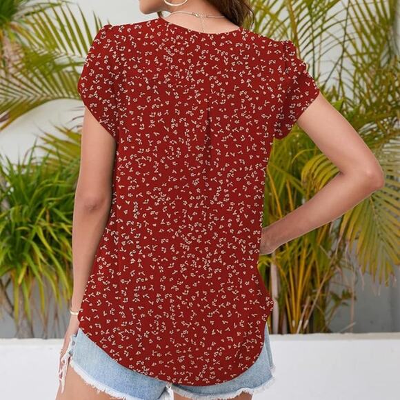 Women's Large Short Sleeve Chiffon Blouse Loose Fit Split V Neckline Red Summer - Picture 4 of 8
